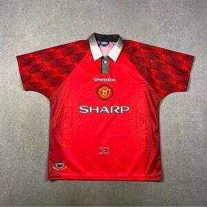 Vintage Umbro Red Manchester United Home Jersey with Black & White Collar